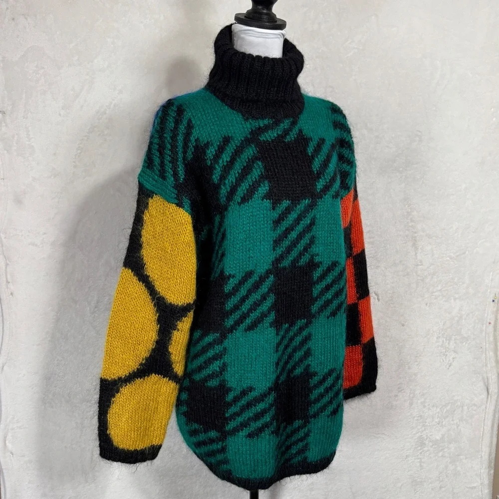 NWT Vintage Fuzzy Mohair Turtleneck Sweater M L Bold Colorblock‎ Plaid Graphic